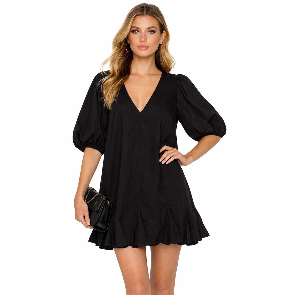 NWOT‎ Rhode V-Neck Mini Costal Dress Black Cotton Puff Sleeve Ruffle Hem S New